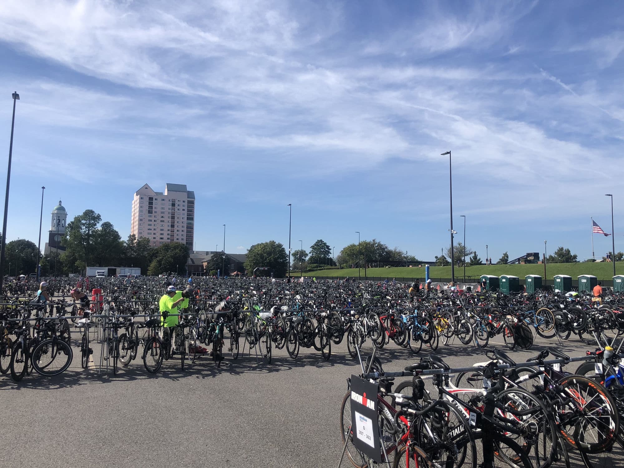 Rows of racked bikes at the IRONMAN 70.3 Augusta 2018 transition area